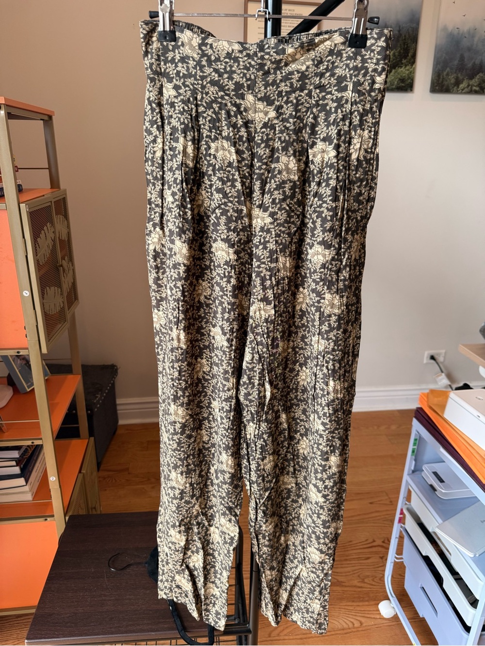 Vintage Womens Floral Wide-Leg Pants - Brown & Cream